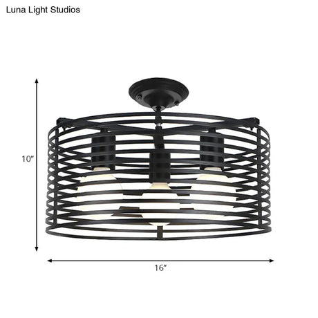 Black Drum Design Semi Flush Light - Vintage Retro Metallic 3-Head Foyer Mount 16’/16.5’ W