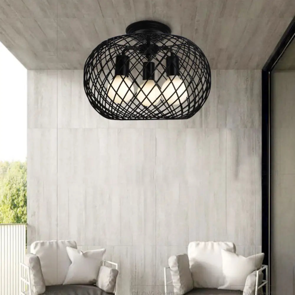 Black Drum Design Semi Flush Light - Vintage Retro Metallic 3-Head Foyer Mount 16’/16.5’ W / 16.5’