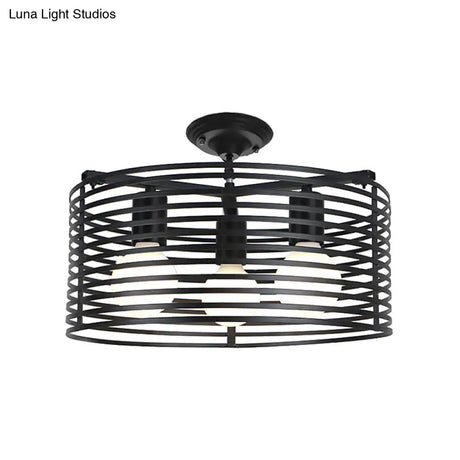 Black Drum Design Semi Flush Light - Vintage Retro Metallic 3-Head Foyer Mount 16’/16.5’ W