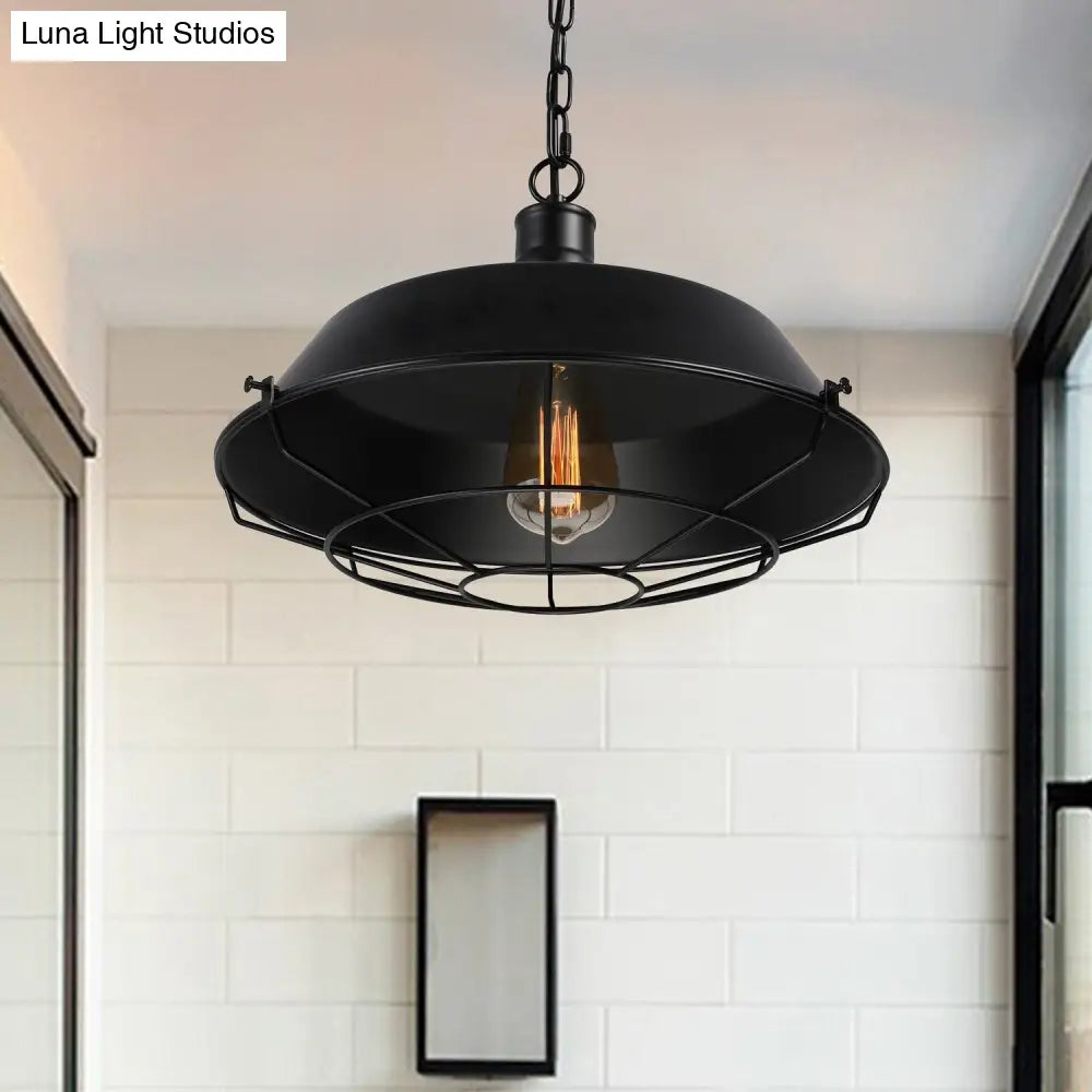 Farmhouse Barn Ceiling Light Fixture With Cage Shade - Metallic Pendant Lamp In Black (1 Bulb