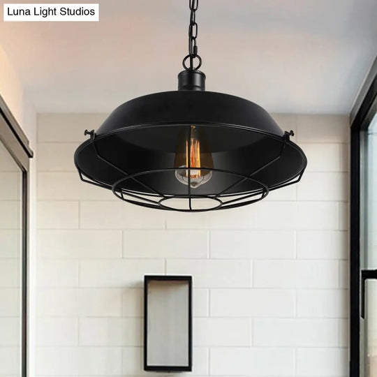 Farmhouse Barn Ceiling Light Fixture With Cage Shade - Metallic Pendant Lamp In Black (1 Bulb