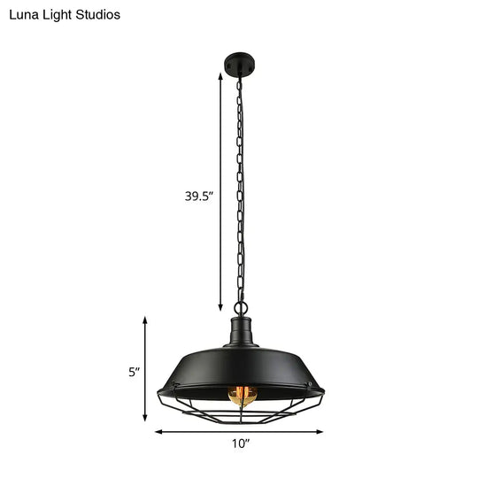 Farmhouse Barn Ceiling Light Fixture With Cage Shade - Metallic Pendant Lamp In Black (1 Bulb