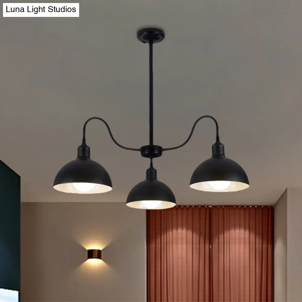 Black Finish 3-Head Chandelier Pendant With Retro Style Dome Shade - Ideal For Dining Room