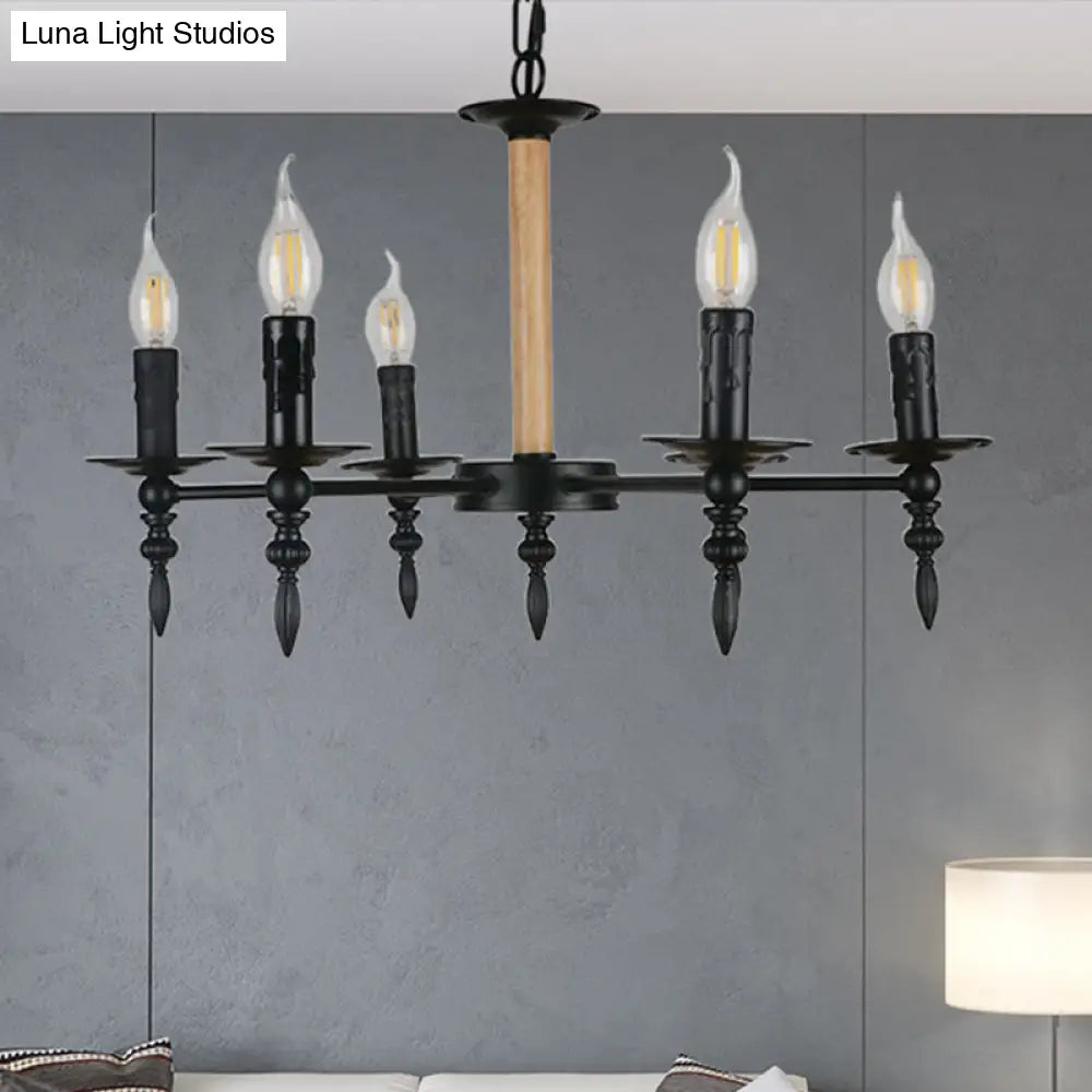 Black Finish Candle Chandelier - Antique Metal/Wood 6 Heads Restaurant Pendant Light