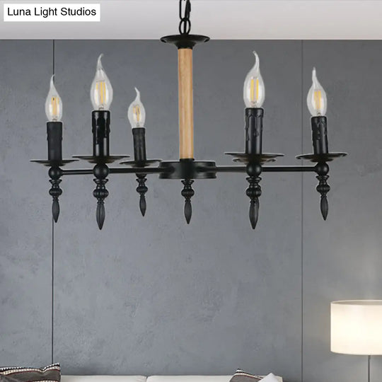 Black Finish Candle Chandelier - Antique Metal/Wood 6 Heads Restaurant Pendant Light