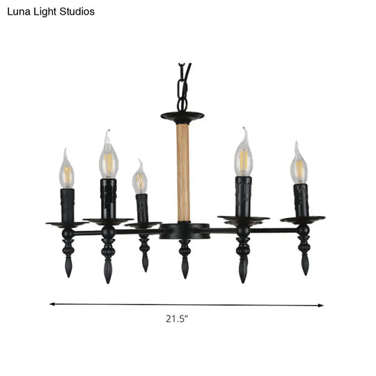 Vintage 6-Head Candle Chandelier Lamp Black Finish Metal & Wood Pendant Light For Restaurants