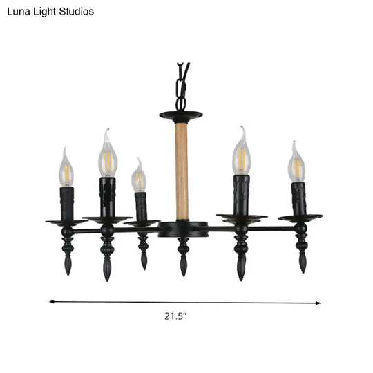 Black Finish Candle Chandelier - Antique Metal/Wood 6 Heads Restaurant Pendant Light