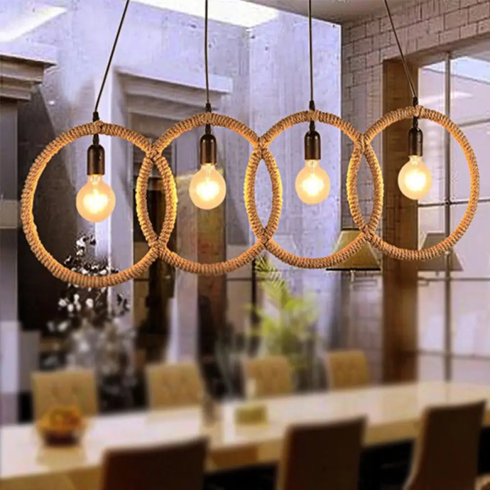 Black Finish Lodge Style Four-Ring Pendant Light With Manila Rope - 4 Lights For Coffee Shop