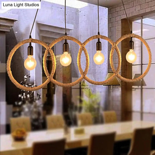 Manila Rope Lodge Style Black Finish 4-Ring Ceiling Pendant With 4 Lights For Coffee Shop