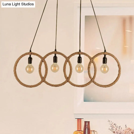 Manila Rope Lodge Style Black Finish 4-Ring Ceiling Pendant With 4 Lights For Coffee Shop