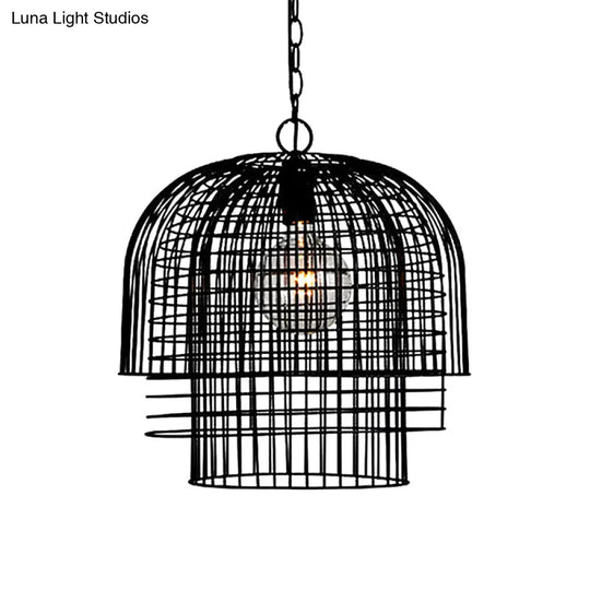Black Finish Wrought Iron Pendant Lamp With Caged Head And Chain