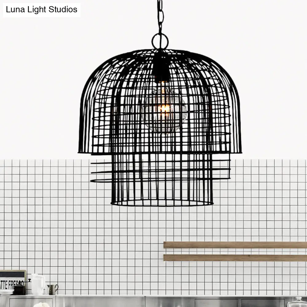 Black Finish Wrought Iron Pendant Lamp With Caged Head And Chain