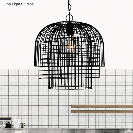 Black Finish Wrought Iron Pendant Lamp With Caged Head And Chain