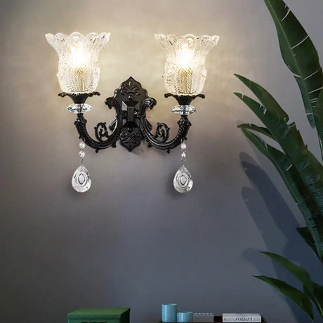 Black Flower Wall Lamp With Clear Crystal Glass Shade & Minimalist Design 2 /
