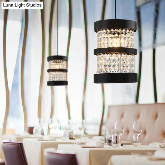 Modern Black/Gold Cylinder Pendant Light With Clear Crystal Beaded Strand - Stylish Metal 1-Bulb