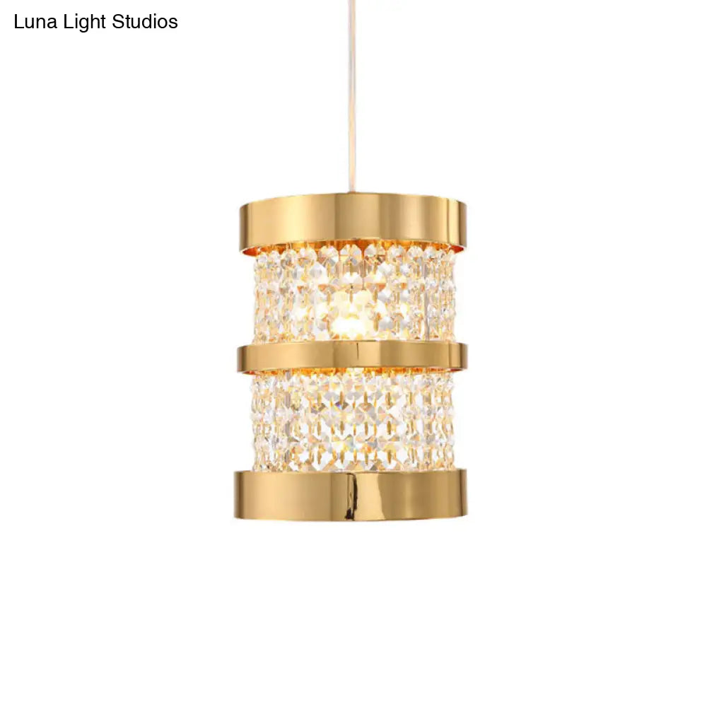 Black/Gold Cylinder Pendant Light: Modern Metal Ceiling Fixture With Crystal Beaded Strand