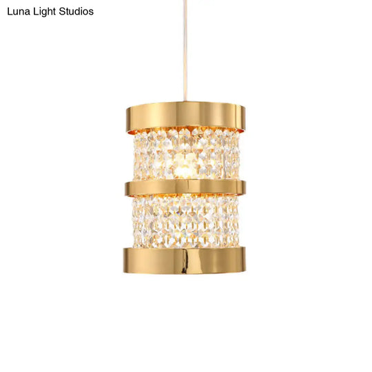 Black/Gold Cylinder Pendant Light: Modern Metal Ceiling Fixture With Crystal Beaded Strand