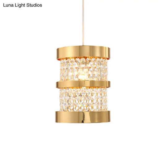 Modern Black/Gold Cylinder Pendant Light With Clear Crystal Beaded Strand - Stylish Metal 1-Bulb