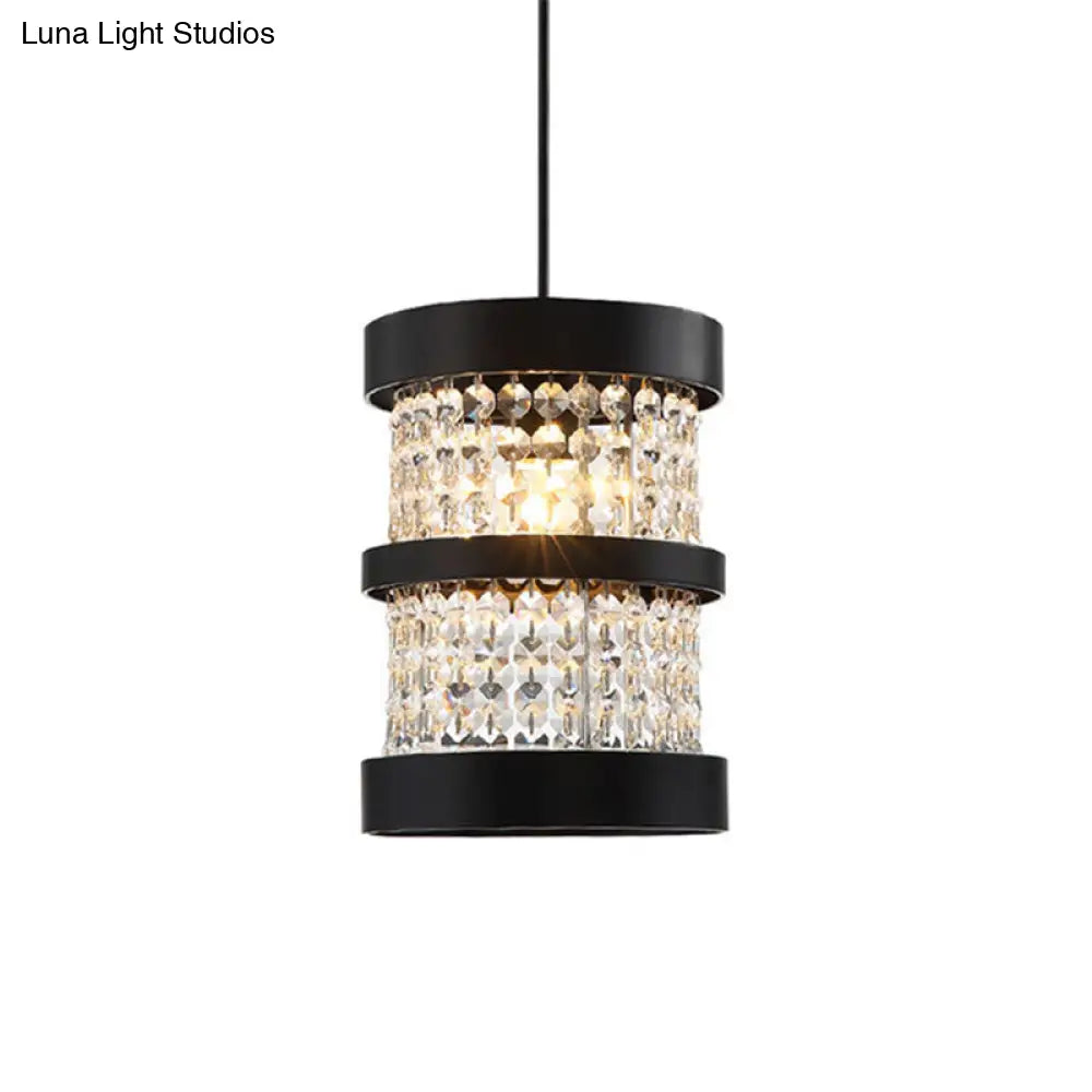 Modern Black/Gold Cylinder Pendant Light With Clear Crystal Beaded Strand - Stylish Metal 1-Bulb