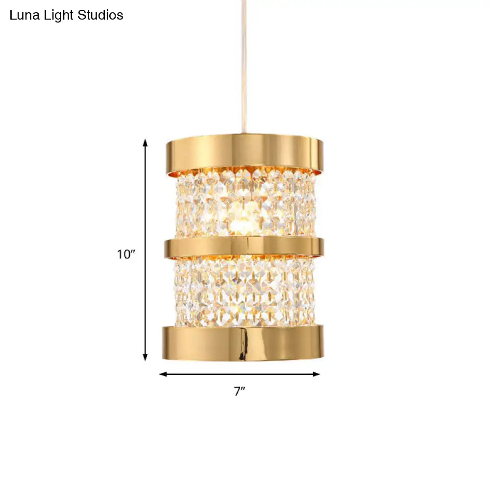 Modern Black/Gold Cylinder Pendant Light With Clear Crystal Beaded Strand - Stylish Metal 1-Bulb