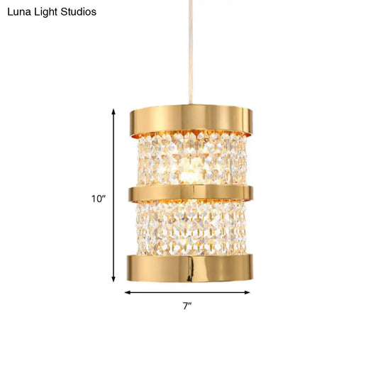 Modern Black/Gold Cylinder Pendant Light With Clear Crystal Beaded Strand - Stylish Metal 1-Bulb
