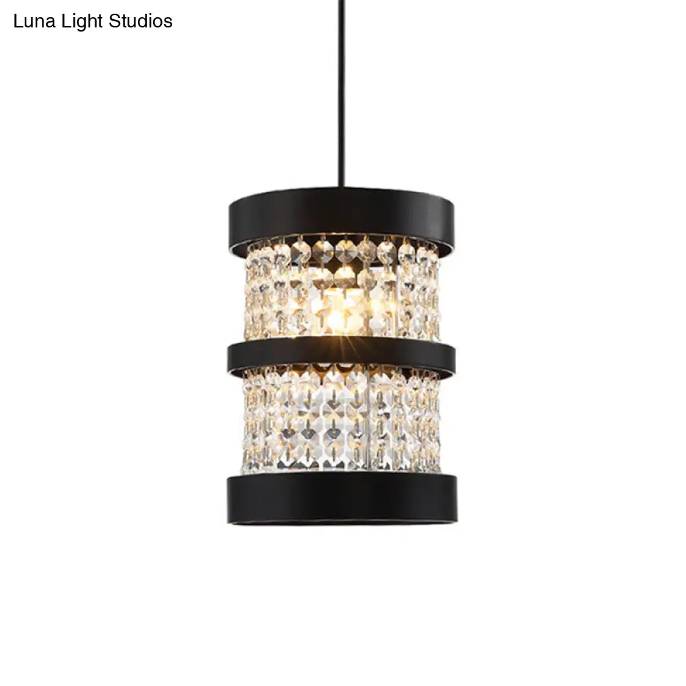 Black/Gold Cylinder Pendant Light: Modern Metal Ceiling Fixture With Crystal Beaded Strand