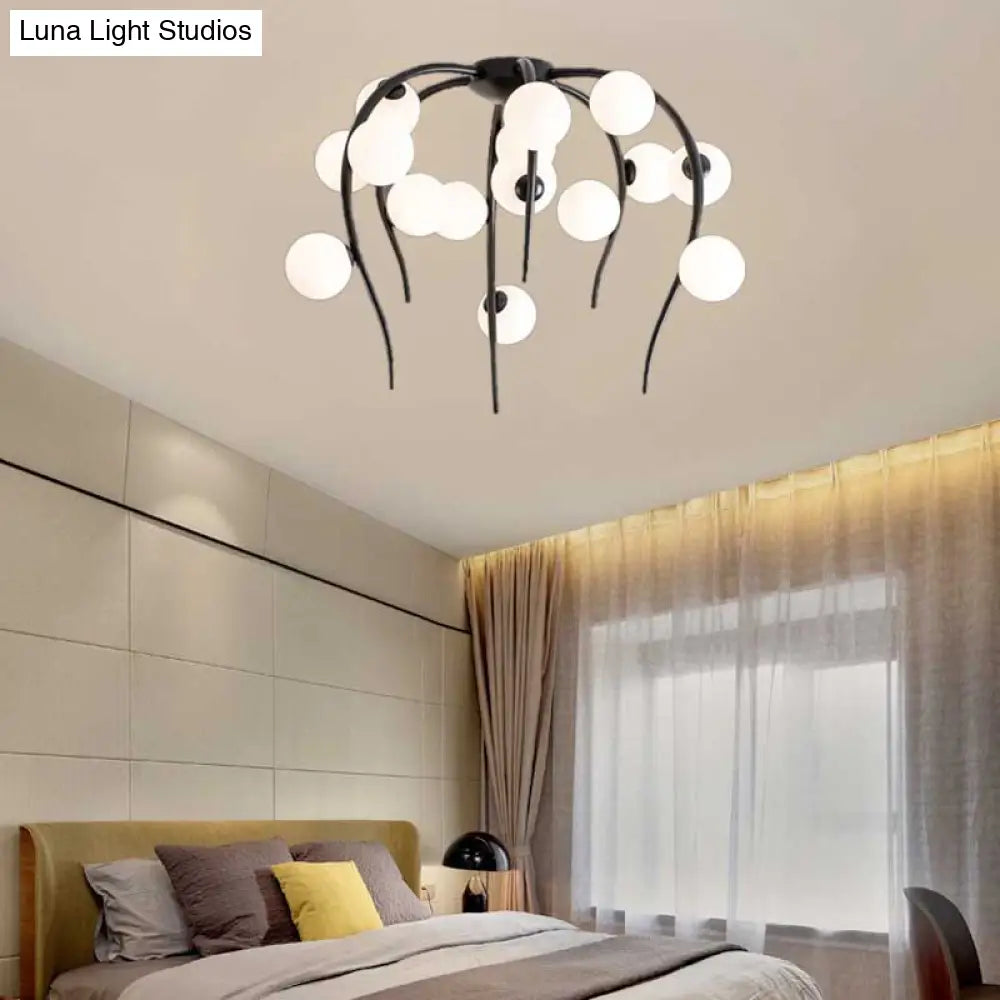 Black/Gold Flush Lamp With Milk White Glass And Weeping Branch Design - 15/20 Lights Ceiling Mount