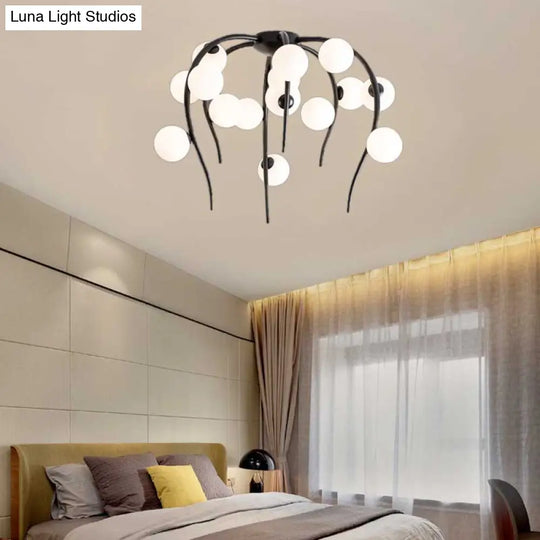 Black/Gold Flush Lamp With Milk White Glass And Weeping Branch Design - 15/20 Lights Ceiling Mount