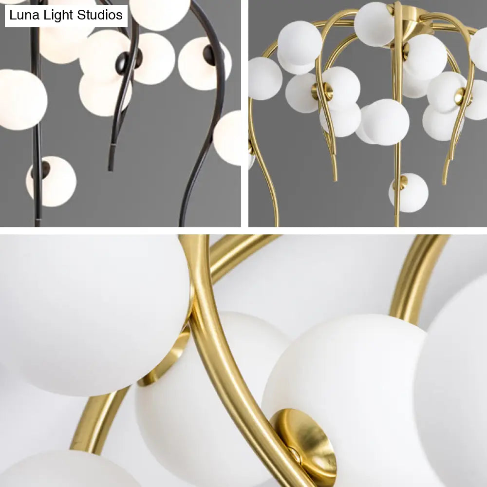 Black/Gold Flush Lamp With Milk White Glass And Weeping Branch Design - 15/20 Lights Ceiling Mount