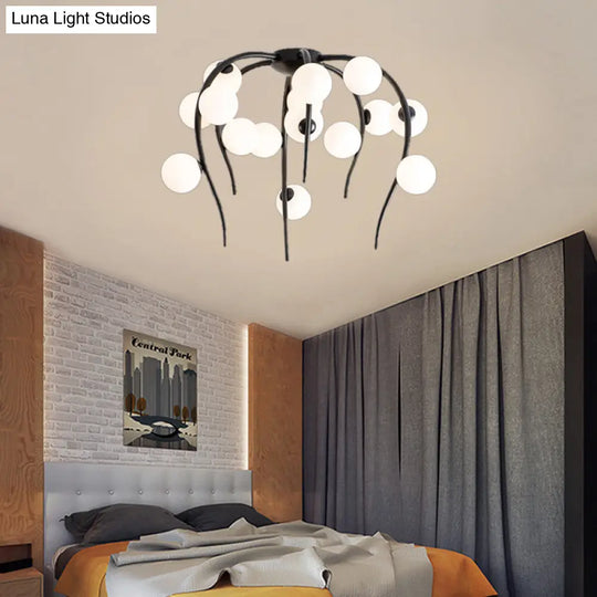 Black/Gold Flush Lamp With Milk White Glass And Weeping Branch Design - 15/20 Lights Ceiling Mount