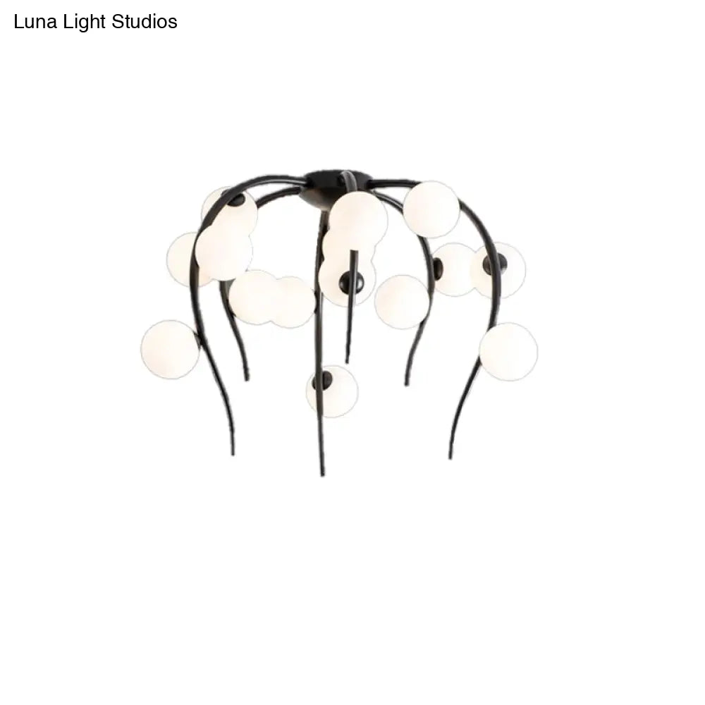 Black/Gold Flush Lamp With Milk White Glass And Weeping Branch Design - 15/20 Lights Ceiling Mount