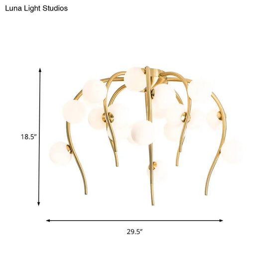 Black/Gold Flush Lamp With Milk White Glass And Weeping Branch Design - 15/20 Lights Ceiling Mount