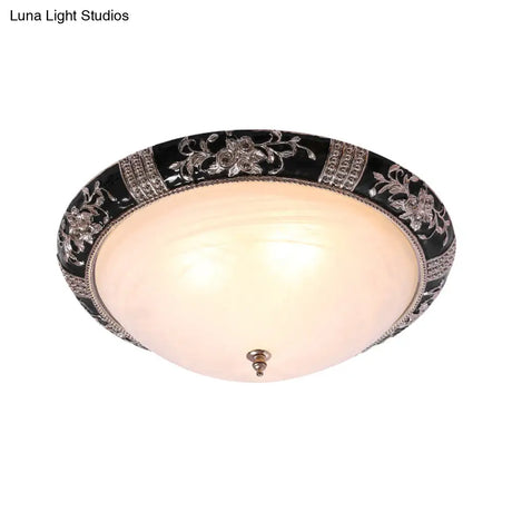 Black - Gold Semi - Orb Flush Mount Lamp With Satin Glass Shade For Hallway