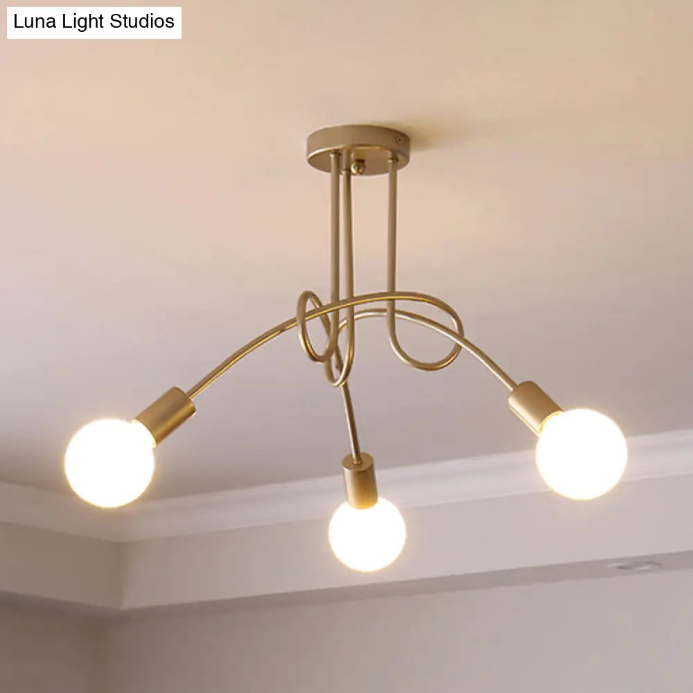 Black/Gold Twisted Industrial Semi Flush Mount Kitchen Ceiling Light With Open Bulb - 3/5/6-Light
