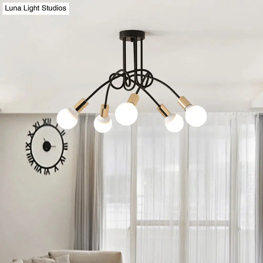 Black/Gold Twisted Industrial Semi Flush Mount Kitchen Ceiling Light With Open Bulb - 3/5/6-Light