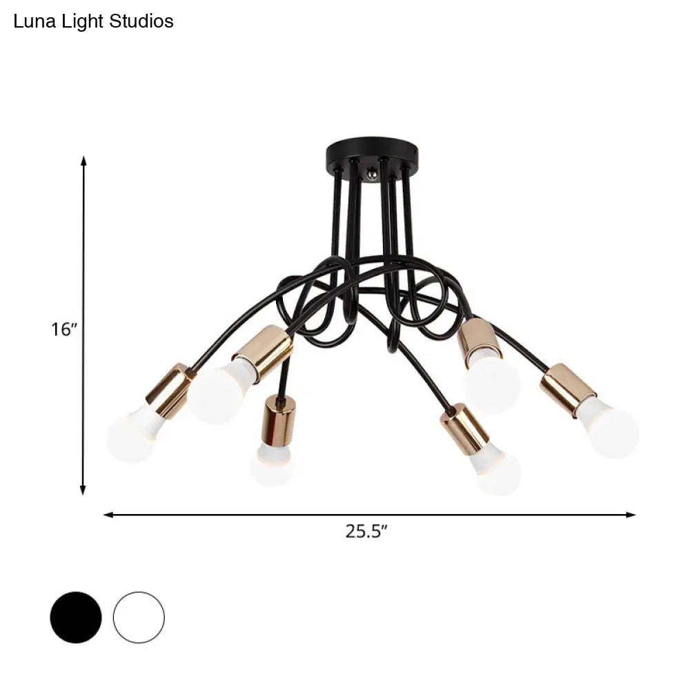 Black/Gold Twisted Industrial Semi Flush Mount Kitchen Ceiling Light With Open Bulb - 3/5/6-Light