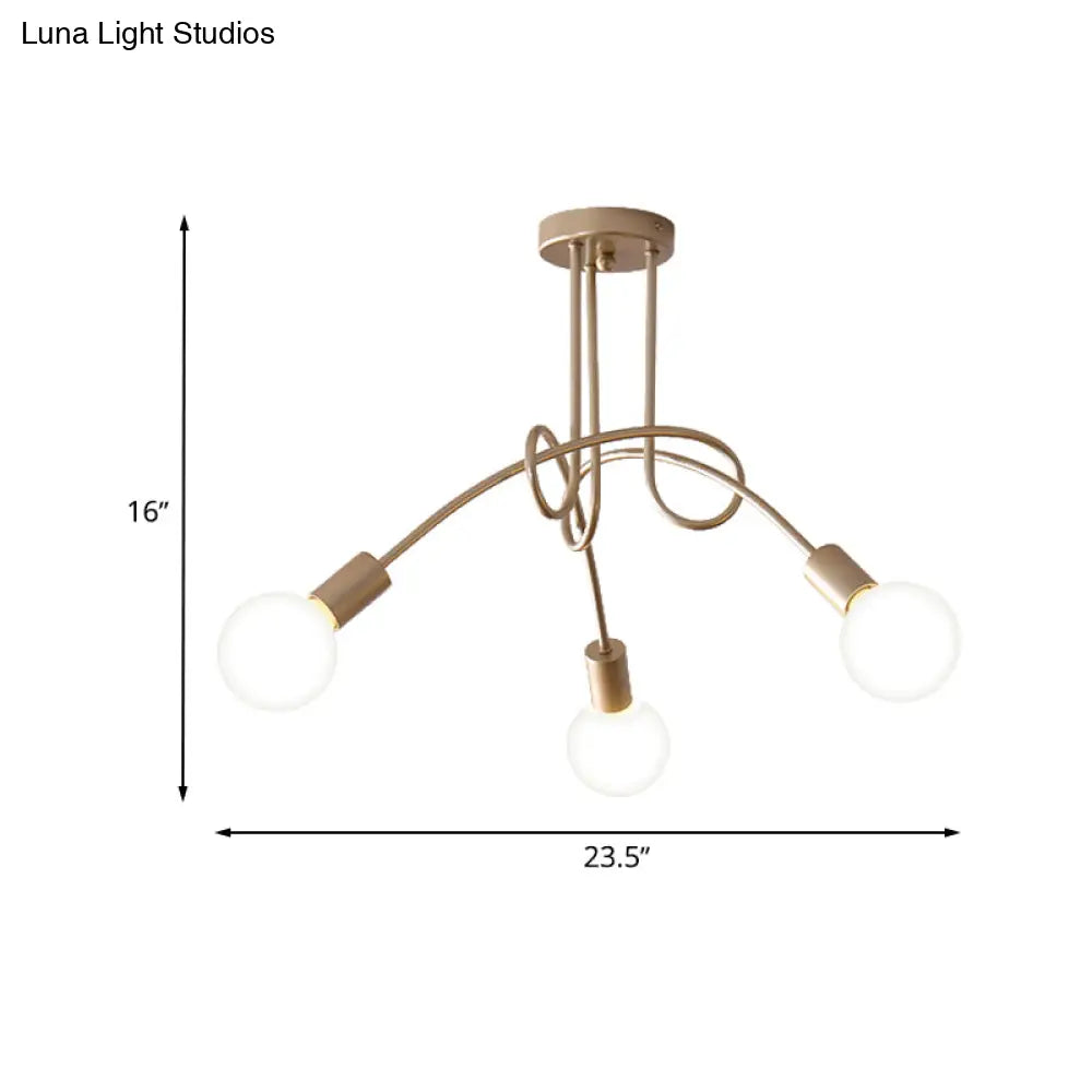 Black/Gold Twisted Industrial Semi Flush Mount Kitchen Ceiling Light With Open Bulb - 3/5/6-Light