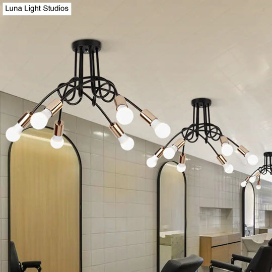Black/Gold Twisted Industrial Semi Flush Mount Kitchen Ceiling Light With Open Bulb - 3/5/6-Light