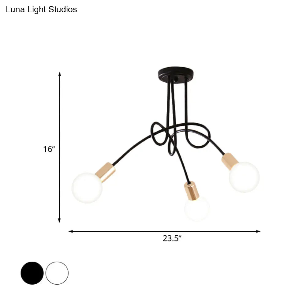 Black/Gold Twisted Industrial Semi Flush Mount Kitchen Ceiling Light With Open Bulb - 3/5/6-Light