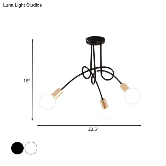 Black/Gold Twisted Industrial Semi Flush Mount Kitchen Ceiling Light With Open Bulb - 3/5/6-Light