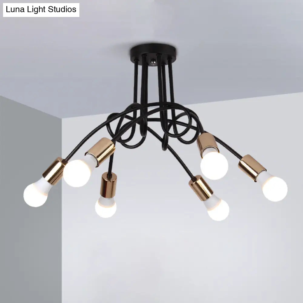 Black/Gold Twisted Industrial Semi Flush Mount Kitchen Ceiling Light With Open Bulb - 3/5/6-Light