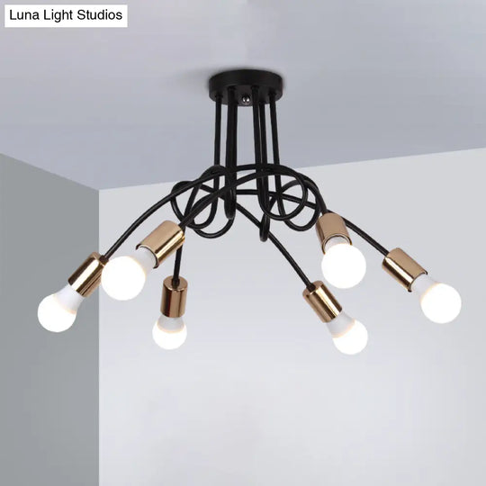 Black/Gold Twisted Industrial Semi Flush Mount Kitchen Ceiling Light With Open Bulb - 3/5/6-Light