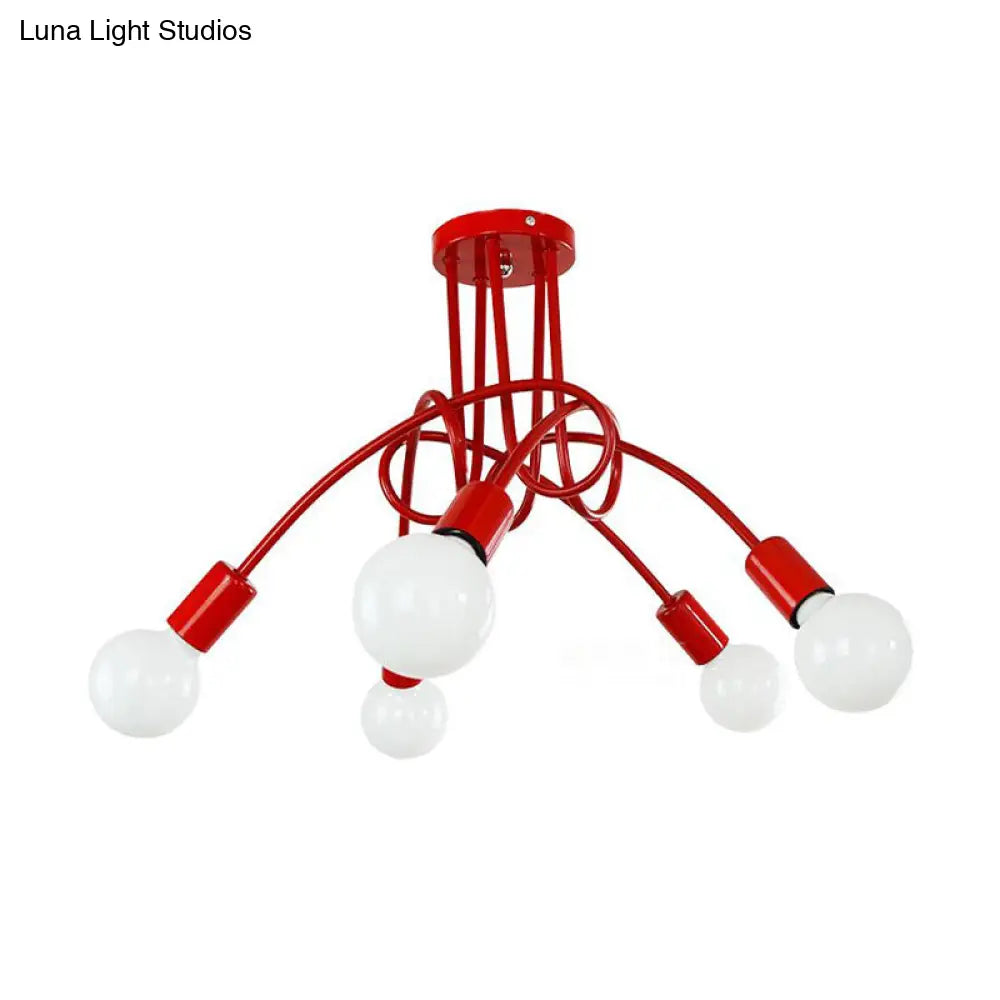 Black/Gold Twisted Industrial Semi Flush Mount Kitchen Ceiling Light With Open Bulb - 3/5/6-Light