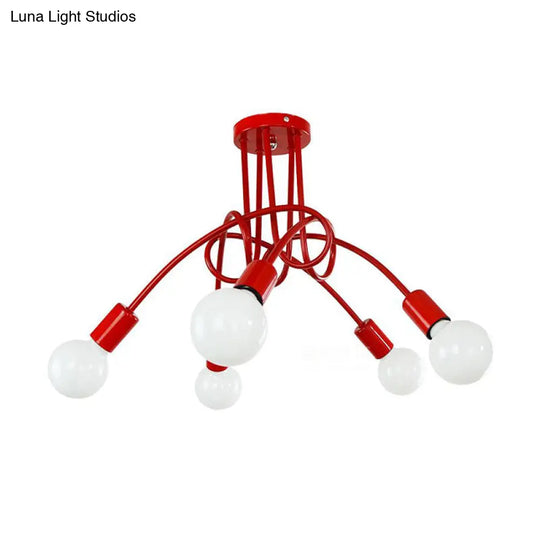 Black/Gold Twisted Industrial Semi Flush Mount Kitchen Ceiling Light With Open Bulb - 3/5/6-Light