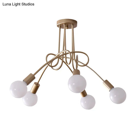 Black/Gold Twisted Industrial Semi Flush Mount Kitchen Ceiling Light With Open Bulb - 3/5/6-Light