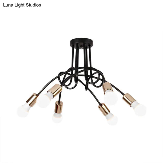 Black/Gold Twisted Industrial Semi Flush Mount Kitchen Ceiling Light With Open Bulb - 3/5/6-Light