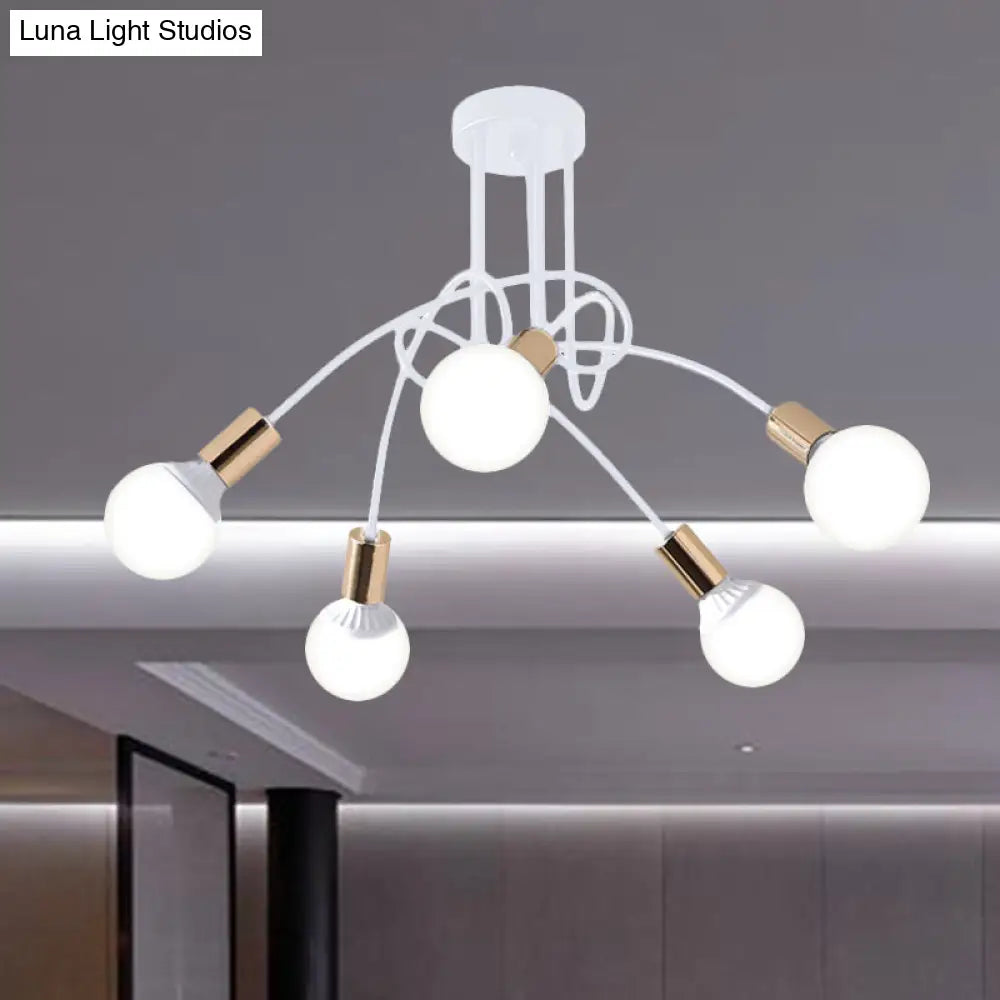 Black/Gold Twisted Industrial Semi Flush Mount Kitchen Ceiling Light With Open Bulb - 3/5/6-Light