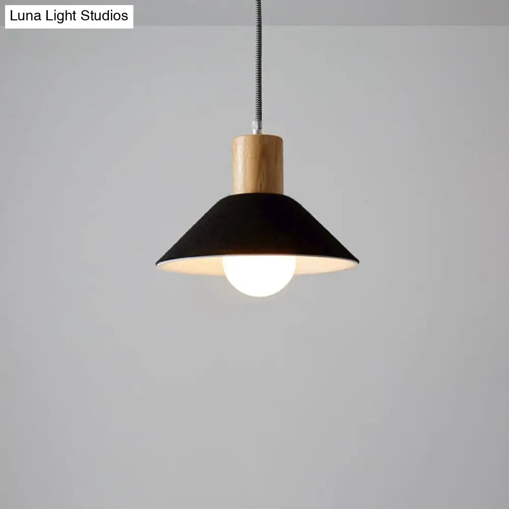 Felt Hanging Light Fixture - Black/Grey Conical Pendant With Wooden Cap For Dining Room