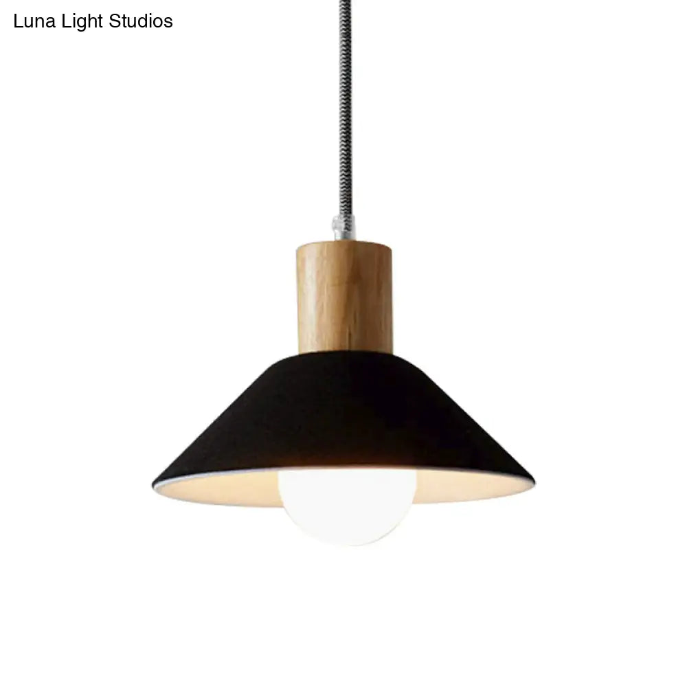 Felt Hanging Light Fixture - Black/Grey Conical Pendant With Wooden Cap For Dining Room