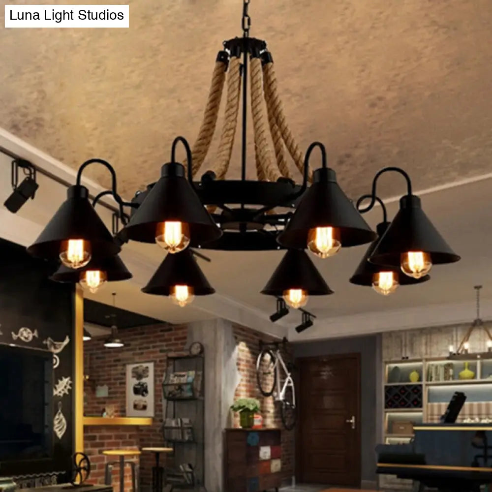 Black Rope And Metal Cone Industrial Hanging Chandelier Light - Art Design